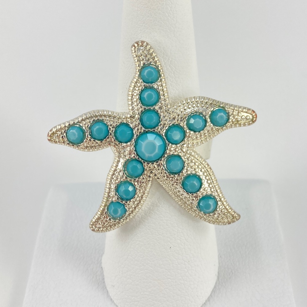 Starfish Cocktail Ring Pale Blue Stones & Silver Finish Statement Ring - Picture 1 of 7